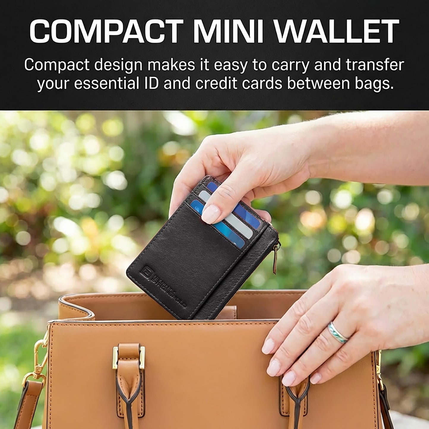 ID Stronghold RFID Front Pocket Wallet Mini Minimalist Wallet Slim Wallet Genuine Leather with Zipper, Small Black