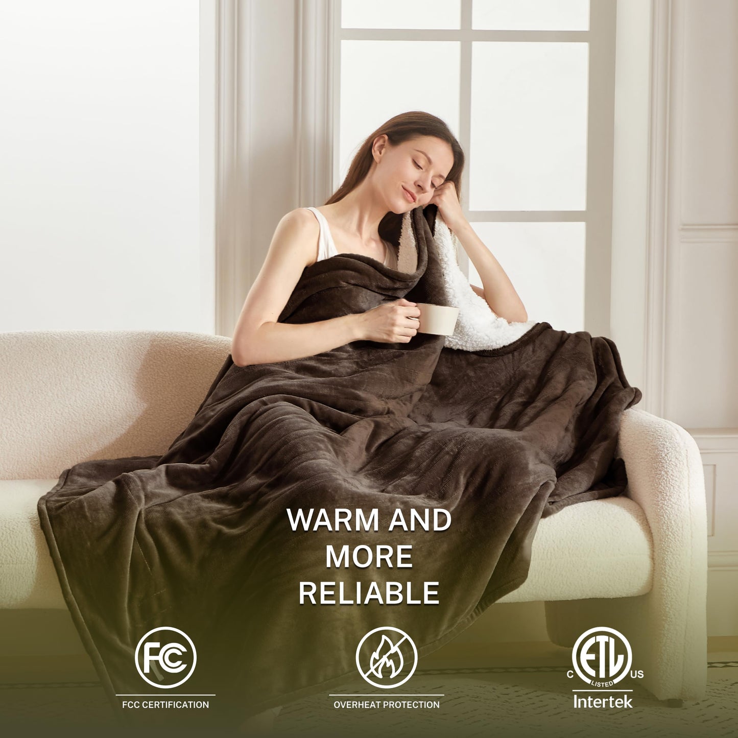 Heat Blanket 50”x60” Throw,Soft Flannel & Sherpa Reversible Electric Blanket with 10 Heat Settings,12 Timer Setting and 3 Hours Auto-Shut Off,ETL Certified Machine Washable,Light Brown