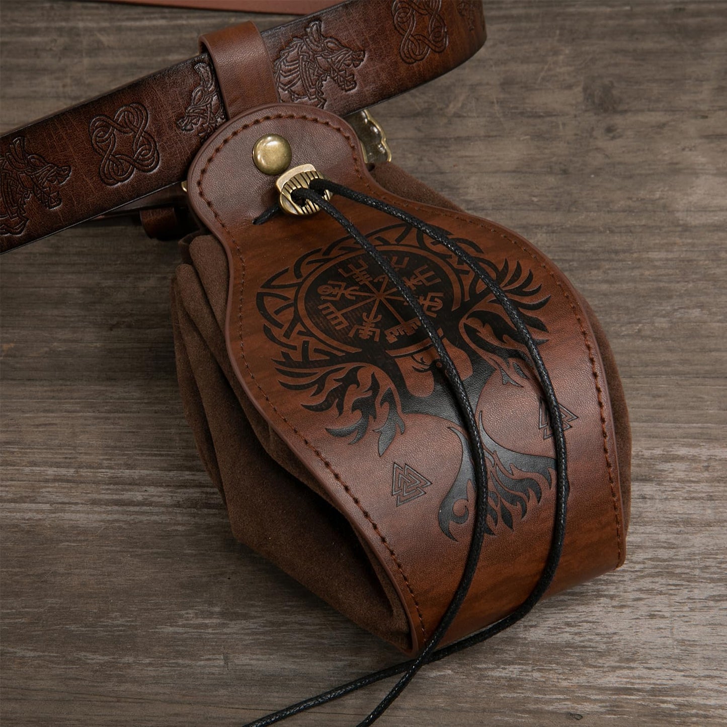 EpicCos 3PCs Medieval Embossed Belt Pouch Set, Viking Buckle Belt Portable Side Bag, Faux Leather Cosplay Accessories (Brown B)