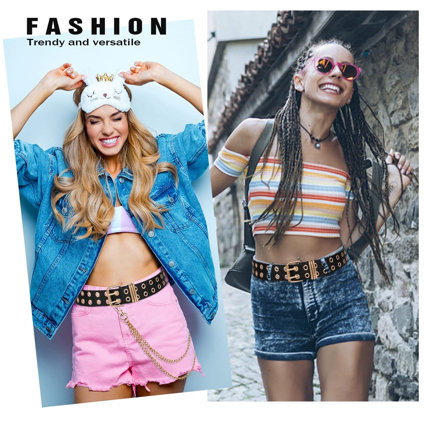 FIORETTO Double Grommet Leather Belt with Detachable Chain Women Men Punk Rock Waist Belts for Jeans Pants Double Holes (with Gold Chain)