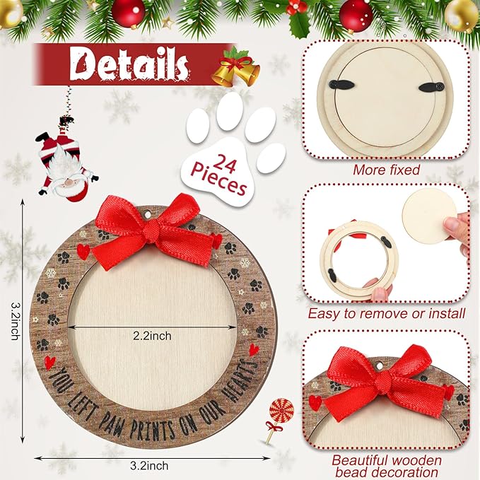 Blulu 24 Pcs Christmas Pet Picture Frames Wooden Dog Paw Memorial Photo Ornaments Snowflake Christmas Tree Decorations Pet Sympathy Gifts