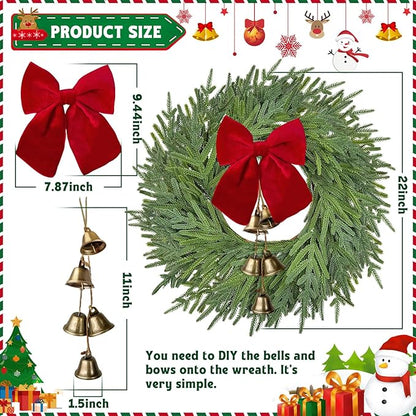 22 inch Norfolk Pine Wreath with Bow and Bell,Christmas Wreaths for Front Door,Artificial Real Touch Wreath for Door Wall Windows Mantle Outdoor Christmas Decoration
