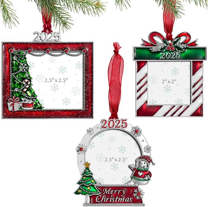 2025 Christmas Tree Ornaments Set 3 Pieces Picture Frame Ornament- Made of Zinc Alloy Glitter Powder Pendant 2.5 Inch Picture Frame for Pet and Baby Holiday Keepsake Gift(3 Pieces,2025)