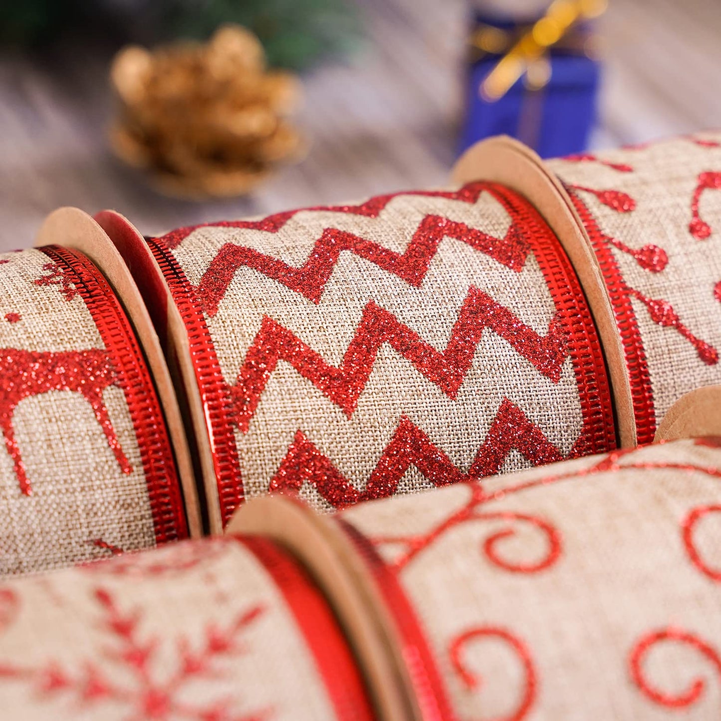 MEEDEE Christmas Ribbon Set 2.5 Inch, 6 Rolls 36 Yards, Wired Burlap and Red Glitter Ribbon for Tree Decorations, Wreath Bows, Garland Decor