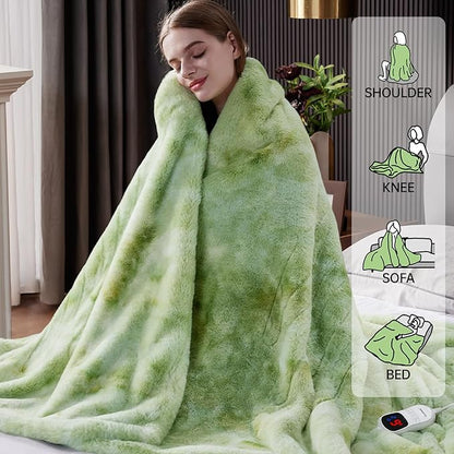 Guohaoi Heated Blanket Electric Throw, Soft Faux Rabbit Fur Electric Blanket with 10 Heating Levels 5 Sitting Timer Auto Off, Cozy Warm Heating Blankets, Machine Washable(62"×84" Light Green)