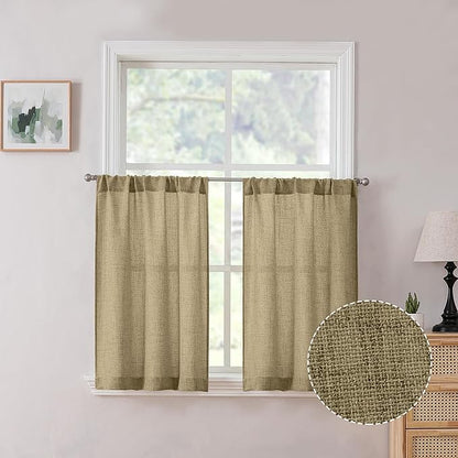 Tollpiz Linen Tier Curtains Rod Pocket Semi Sheer Short Kitchen Curtain Half Burlap Light Filtering Thick Linen Drape for Bathroom, 30 x 30 inches Long, Taupe, Set of 2 Panels