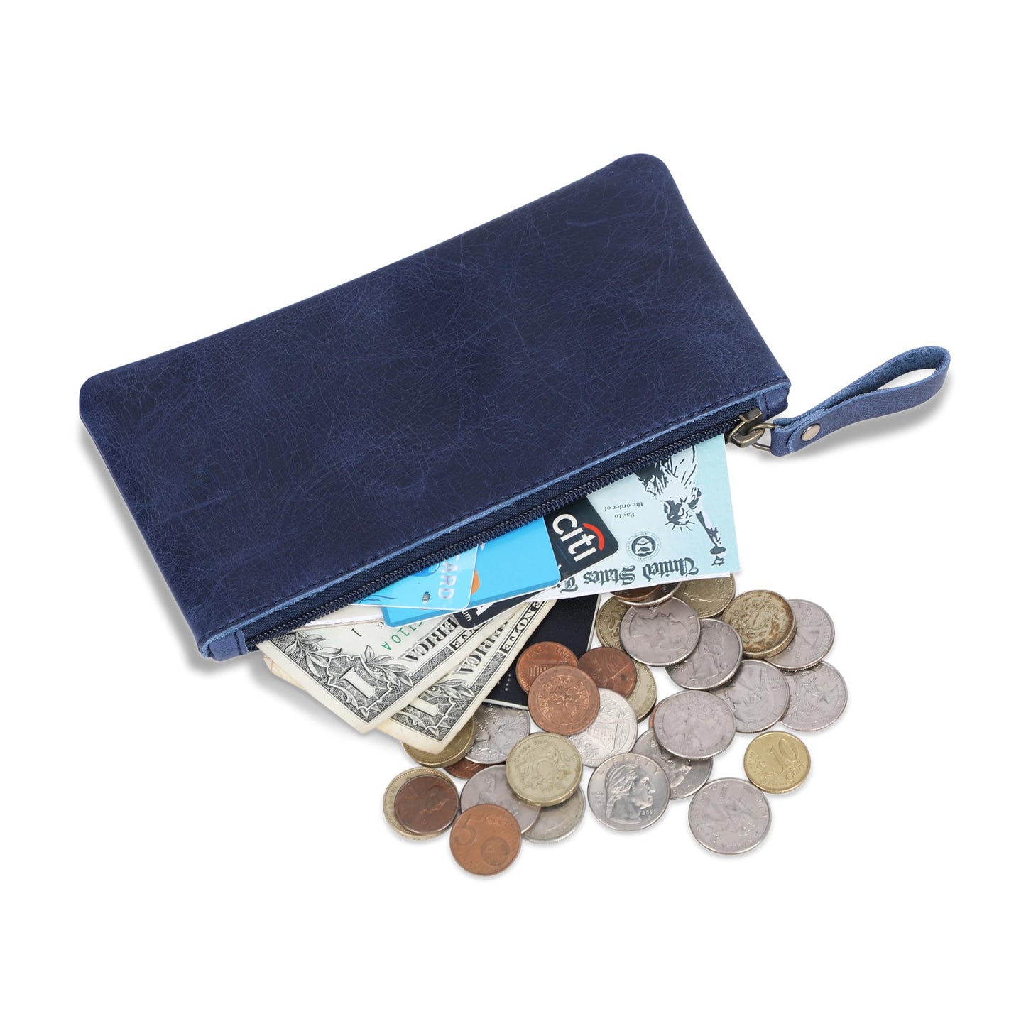 TheAntiq Blue Leather Pencil Pouch with Zipper - Slim Pen Holder (8" x 4" Inches), Coin Pouch & Cash Holder, Genuine Leather Pencil Case, Money Organizer, Multipurpose Accessory Case for Men & Women