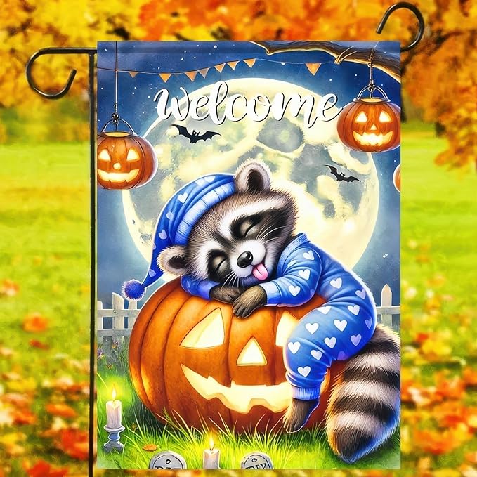 Halloween Raccoon Jack O Lantern Garden Flag Double Sided, Halloween Holiday Decorative Yard Outdoor Home Small Decor, Fall Autumn Outside House Decoration 12 x 18 inch