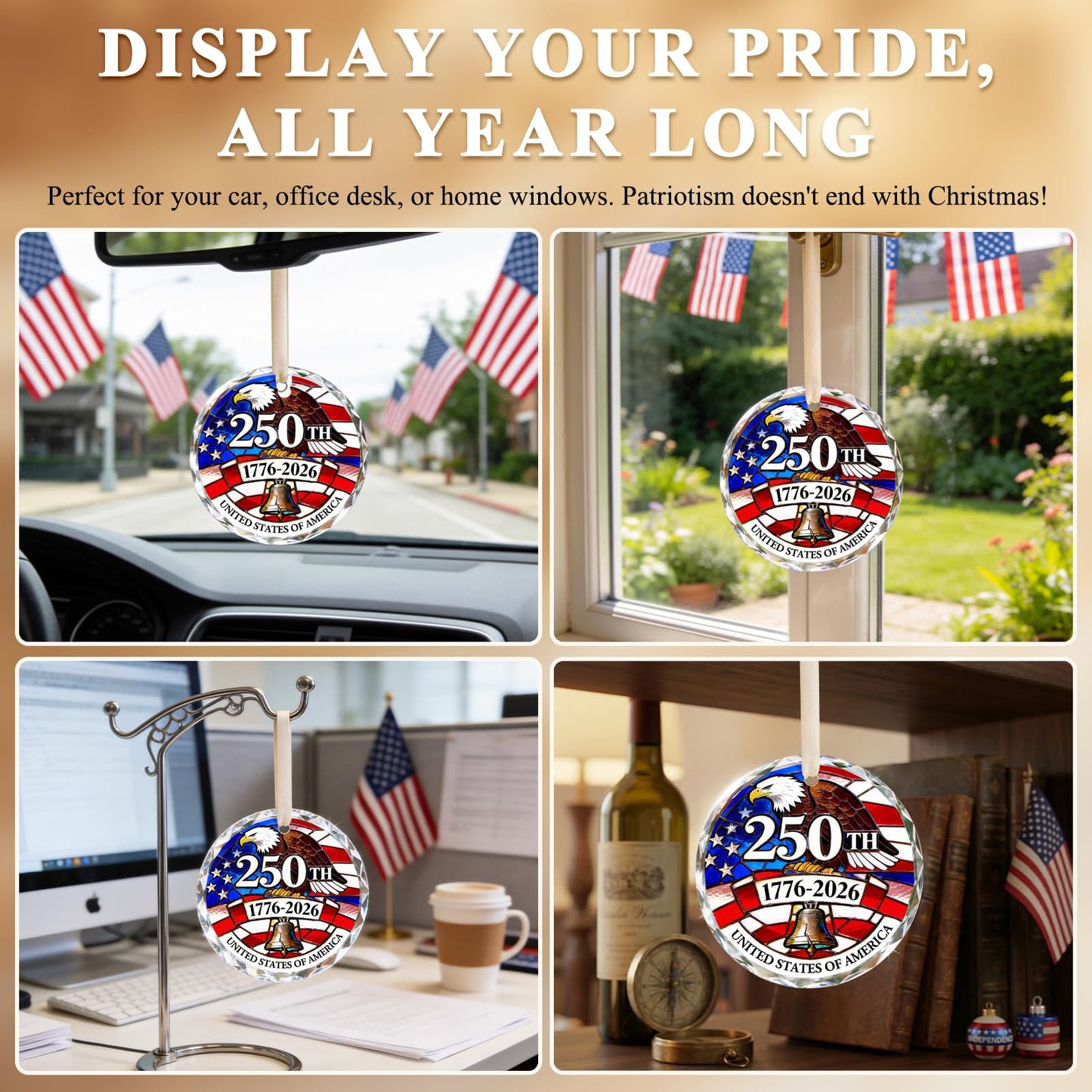 250 Anniversary USA Ornament for 4th of July Tree Decorations - Crystal Glass Patriotic Christmas Ornaments - 1776-2026 Bald Eagle Liberty Bell US Flag Keepsakee - Independence Day Souvenir Gifts