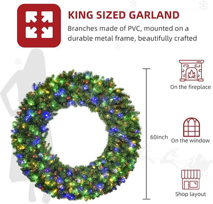 60in Large Christmas Wreath - HOYECHI Lighted Wreaths Holiday Decor, Outdoor Wreath with 300 Colorful LEDs, 930 PVC Tips, Metal Hook, 9 Functions, Timer, Power Plug-in, Remote Controls
