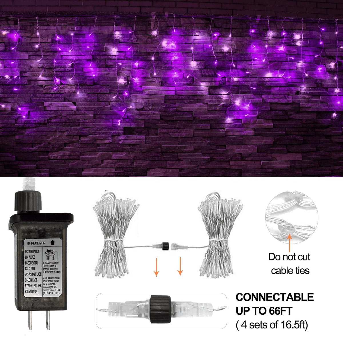 YOLIGHT 16.5ft 192 LED Halloween Icicle Lights Outdoor, Icicle Christmas Lights with Remote, 8 Modes Twinkle Curtain String Lights, Wedding Party Home Garden Roof Xmas Decoration(Purple)
