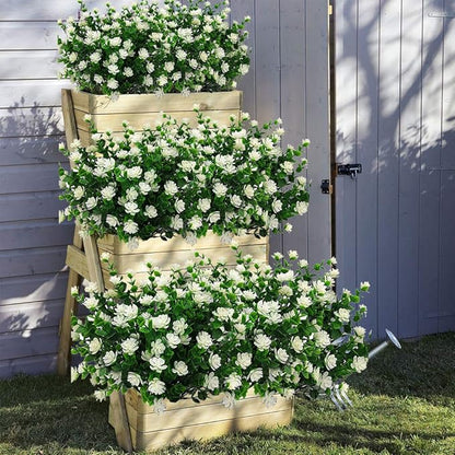 10 Bundles Artificial Fake Flowers, Faux Outdoor Plastic Plants UV Resistant Shrubs Outside Indoor Decorations (White-Eucalyptus)