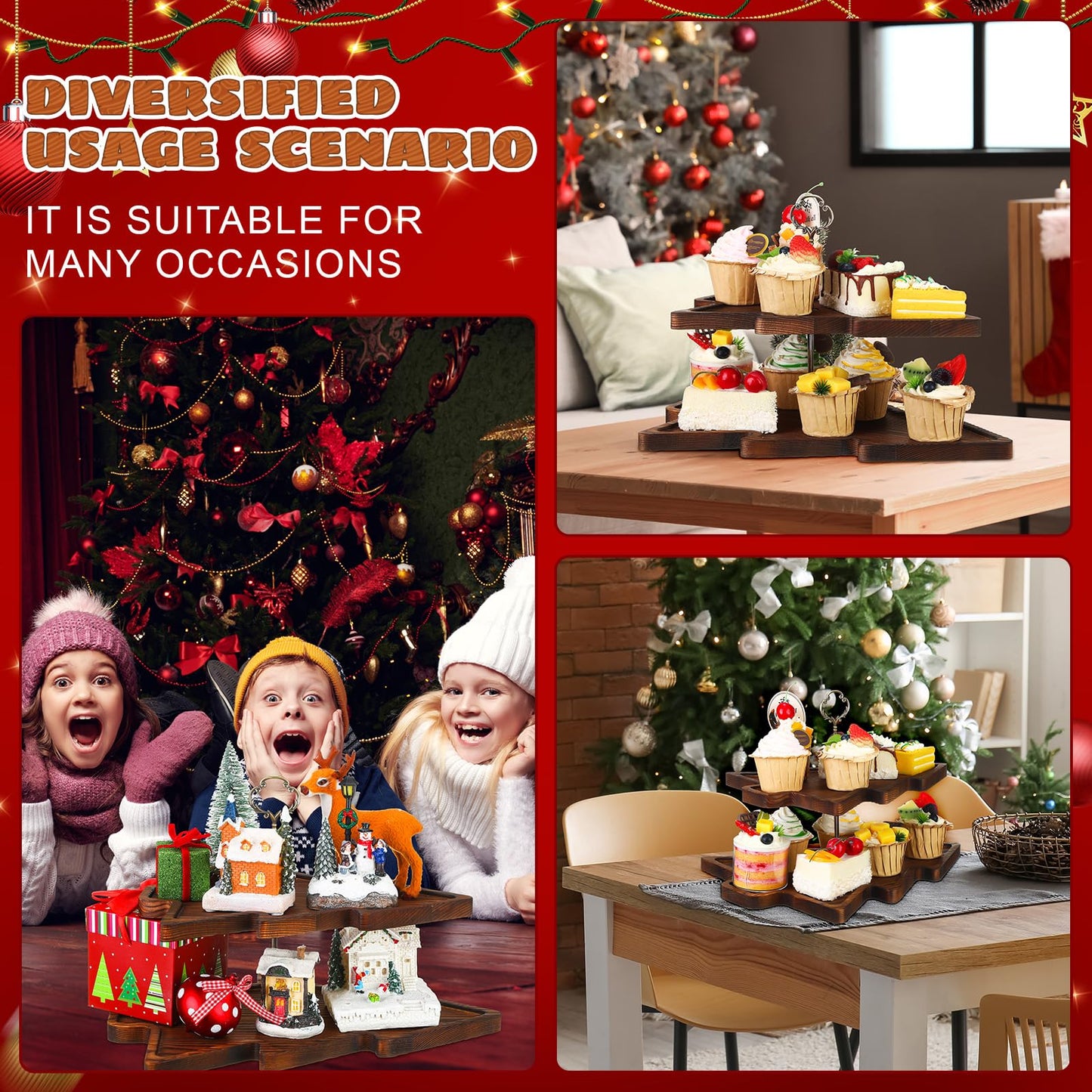 Amyhill Wood 2-Tiered Christmas Tree Tray Cupcake Stand Dessert Display Holiday Serving Platters Xmas Wooden Charcuterie Board for Snacks Food Fruit Appetizers Desserts Cookies (Dark Brown)