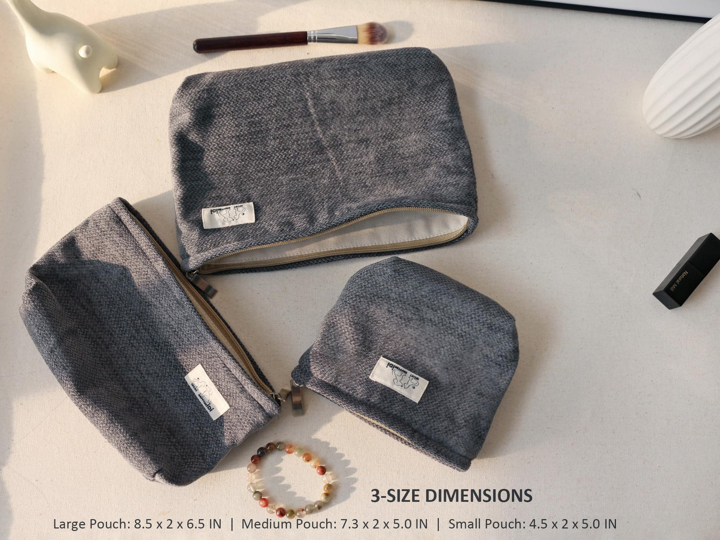 HAPPYHEIDI Gray Velvet Corduroy Makeup Bag Set 3 with Compartment Women Girls Cosmetic Toiletry Pouch,Travel Accessory Organizer, 3-Size, Canvas Lined