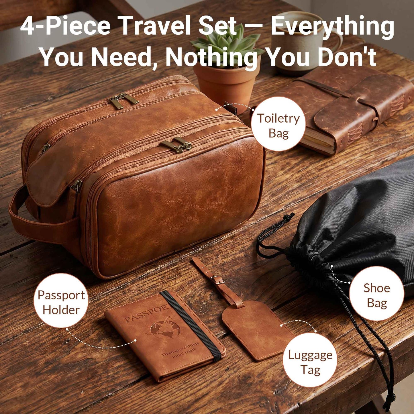 OXYEFEI Men's Travel Toiletry Bag,PU Leather Waterproof Large Travel Shaving Dopp Kit Bag,Include Passport Holder Leather Luggage Tag for Travel Essentials (Light Brown)