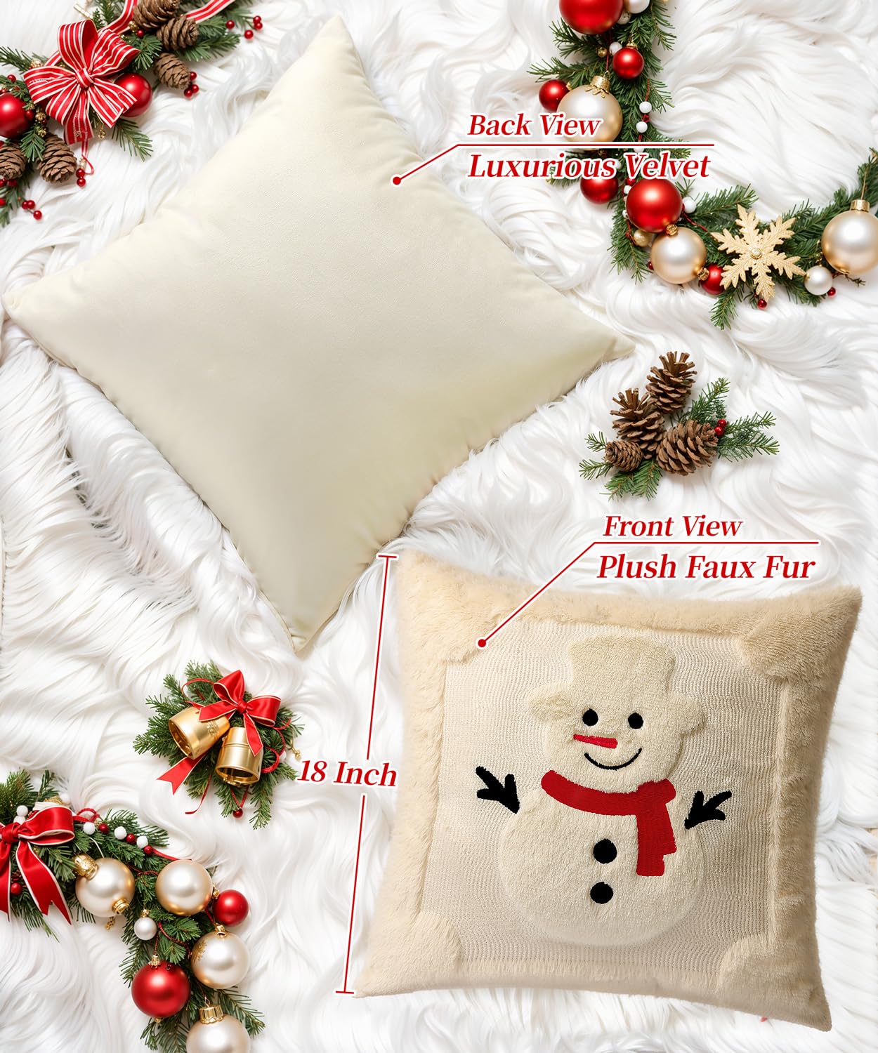 SEGXCFL Christmas Pillow Covers Set of 2 Soft Plush Faux Fur Pillow Cases 3D Embroidered Decorative Couch Cover Home Decor Christmas Throw Pillow Covers 18x18,Beige Snowman