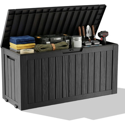 MAIUSCOLI Outdoor Waterproof Resin Storage Deck Box Lockable Outside Bench UV Resistant Bin Patio Porch Furniture Pool Float Garden Tool Cushion (Black, 85 Gallon)
