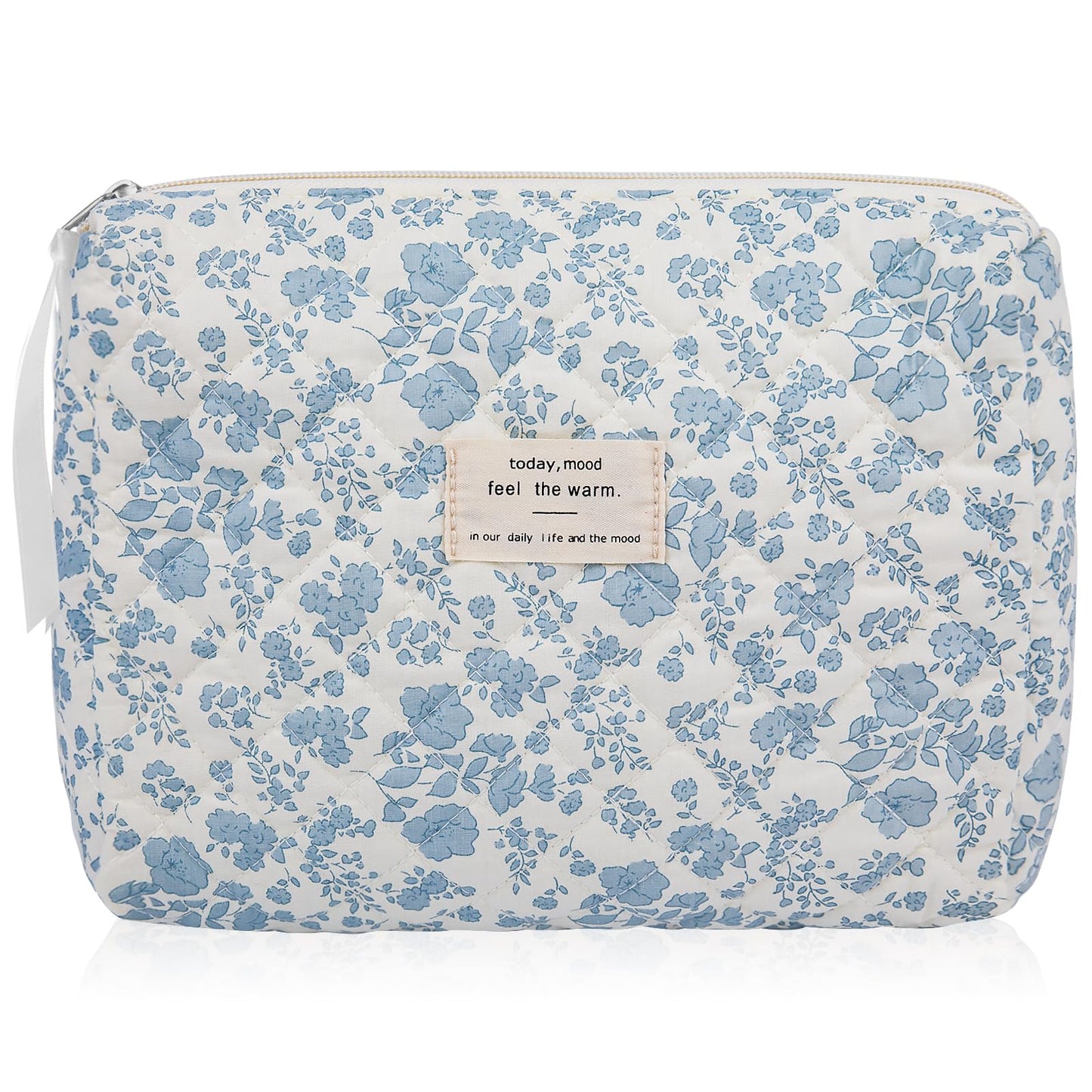 Gosect Floral Makeup Bag, Large Cosmetic Bag for Women Girls, Cute Cotton Make up Pouch, Quilted Makeup Bags, Flower Travel Toiletry Organizer Bag(Blue Floral)