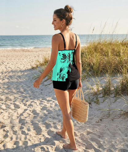 Stylish Swim Suits for Women Slimming Tankini Set Adjustable Straps 2 Piece Swimwear Tropical Hawaii Beach Pool Party Photoshoot Flattering Hides Belly Perfect for Vacation Black Blue Flower XL
