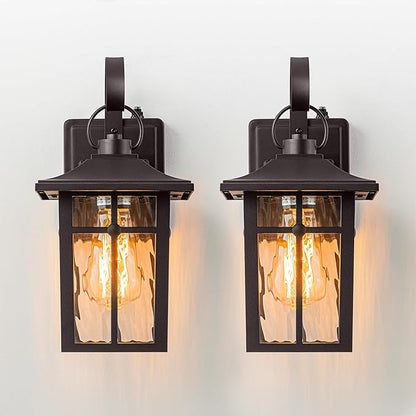 2 Pack Dusk to Dawn Outdoor Lighting, Oil Rubbed Bronze Exterior Light Fixtures with Ripple Glass, Waterproof Aluminum Porch Lights, Outside Lantern Light for Entryway, Garage, Patio