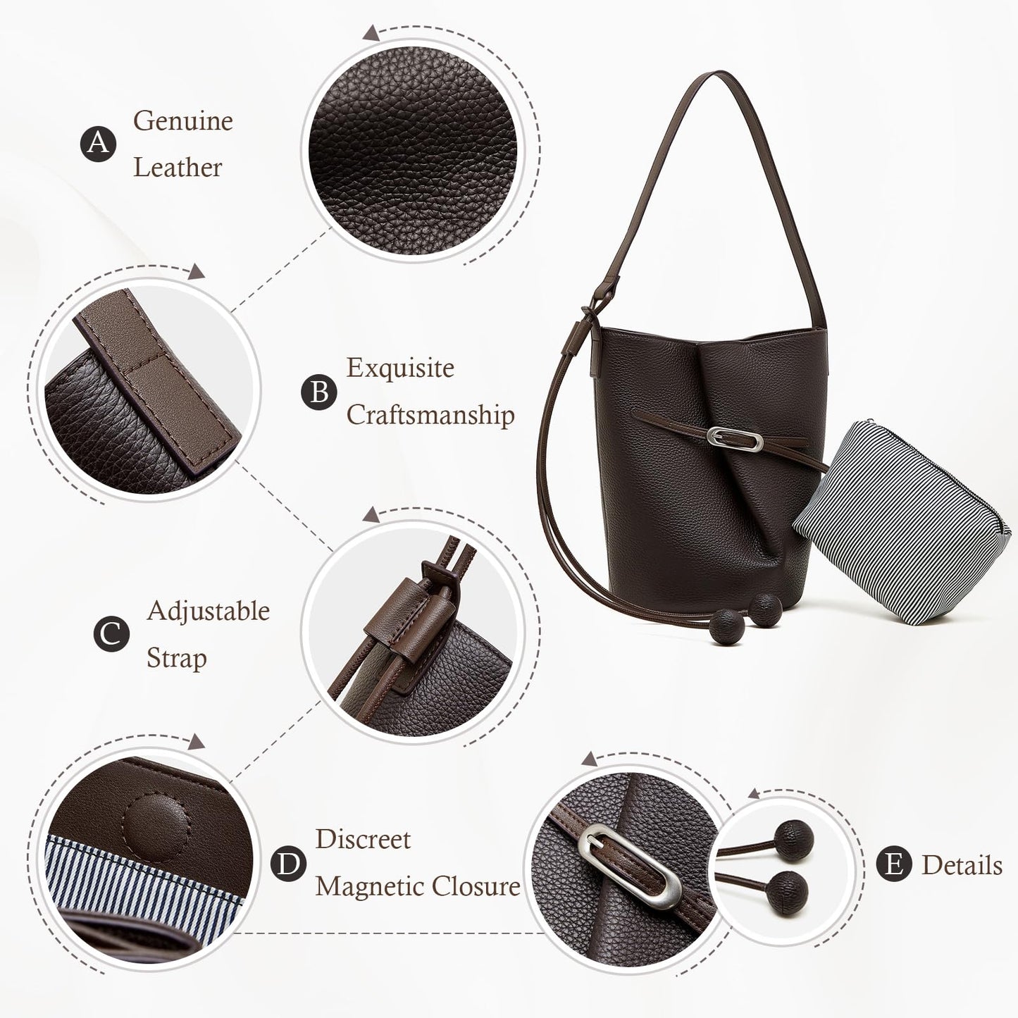 MoreFarther Genuine Leather Bucket Bag for Women, Adjustable Shoulder Bag for Work, Travel, Everyday Use (Black)