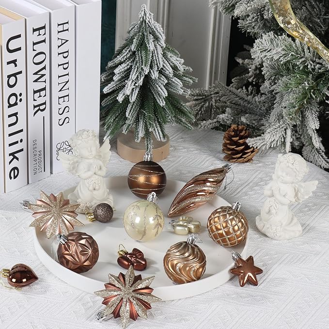 82Pcs Bronze Copper Christmas Ornaments Set,Shatterproof Brown and Gold Fall Decorations for Tree Assorted Plastic Craft Ball Ornaments for Holiday Xmas Party Decor (Copper & Gold)
