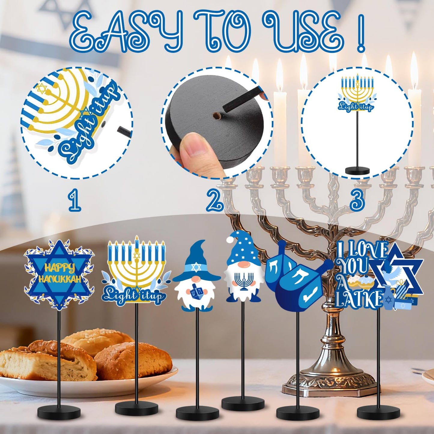 6Pcs Hanukkah Table Decorations Hanukkah Wood Table Sign Chanukkah Decor for Winter Chanukkah Home Indoor Centerpiece Menorah Dreidel Star of David