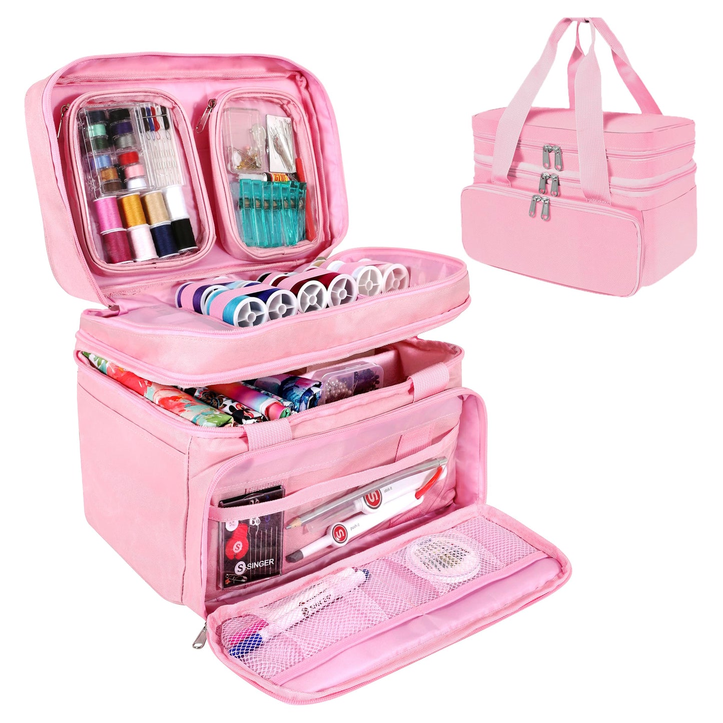 SINGER Sewing Accessories Organizer (Bag Only) – Double Layer Portable Sewing Storage Bag | 2 Detachable Pouches and 18 Compartments, Large Sewing Supplies & Crafting Carry-all (Pink)