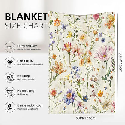 Garden Wildflowers Throw Blanket, Spring Blanket Throw for Adults, Lightweight Soft Cozy Blanket for Couch Sofa Bed Room Decor 50x60 Inches