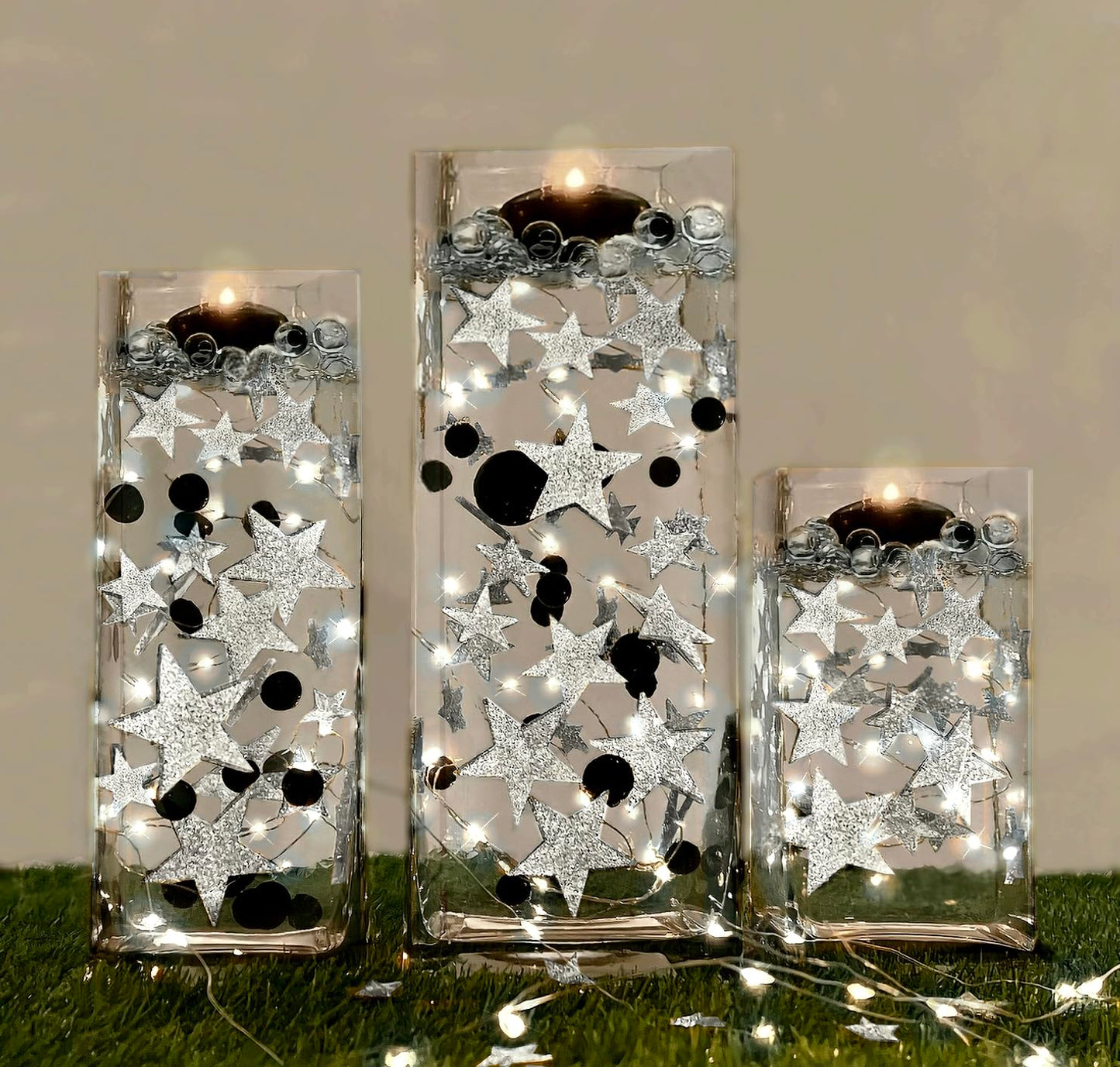 Vase Pearlfection 50 Floating Silver Stars-Glitter-Jumbo Sizes-Fills 1 Gallon of Transparent Gels for Floating Effect-with Measured Floating Gels Prep Bag for Best Results!