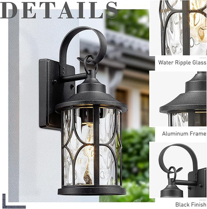 zeyu 2 Pack Industrial Wall Mounted Lights, 16 Inch Outdoor Wall Sconce Lantern, Die-Cast Aluminum, Black Finish with Water Ripple Glass, ZX111B-2PK BK-WG