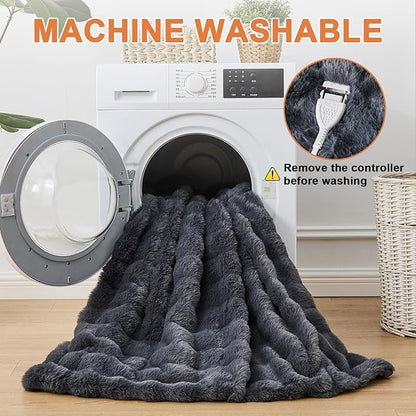 Heated Blanket Electric Throw Blanket 84''X 90''-Heating Blanket with 6 Heat Settings-10 Hours Auto Off,Cozy Faux Rabbit Fur Bubble Electric Blanket,Dark Gray
