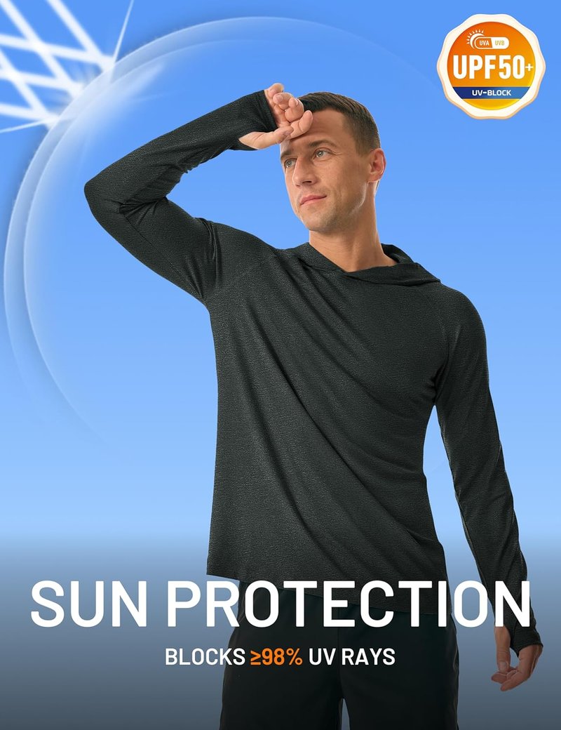 Men's UPF 50+ Sun Protection Long Sleeve Fishing Hoodie - Lightweight Athletic Rash Guard for Swim & Hiking