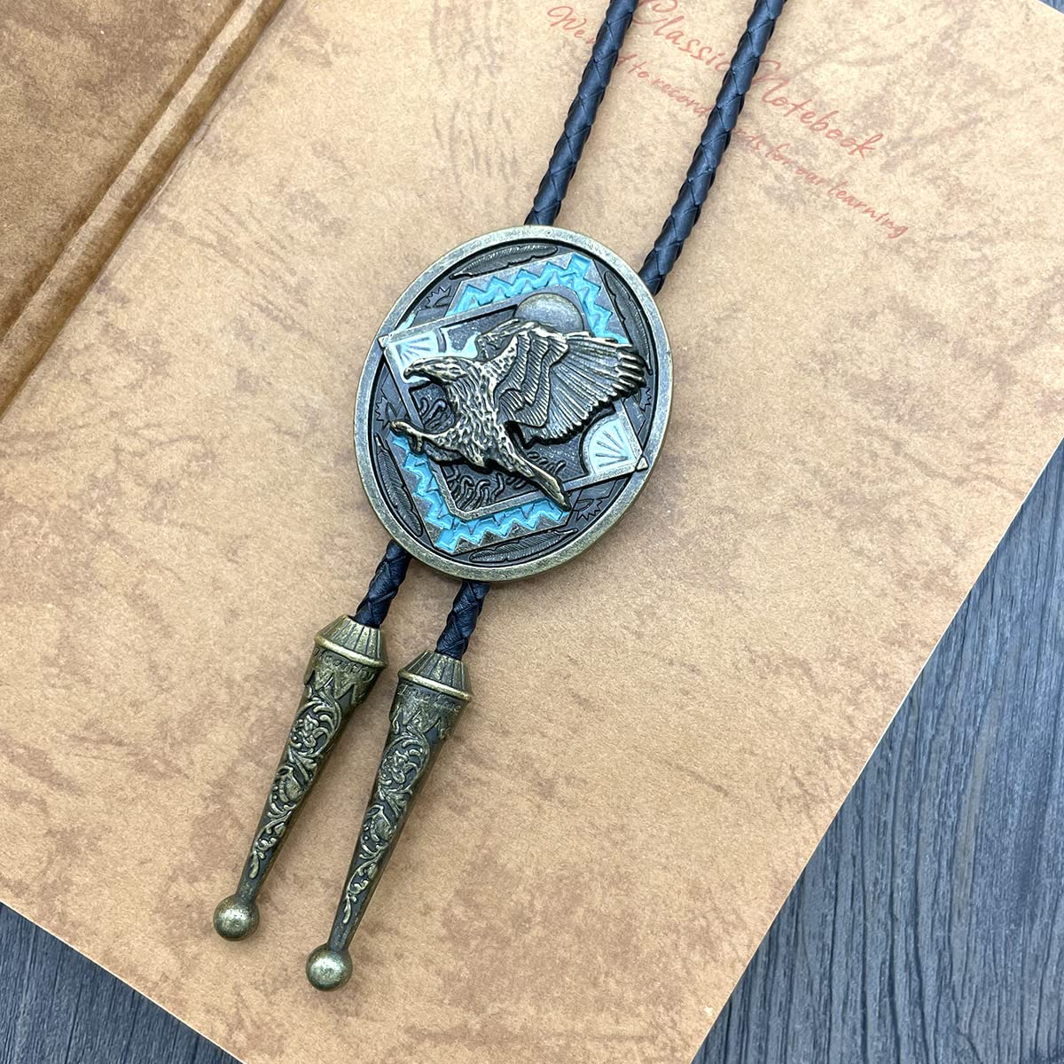 QUKE Native American Western Cowboy 3D Bald Eagle Sunset Bolo Tie Hand-woven Leather Bronze Bola Tie Necktie for Men Women
