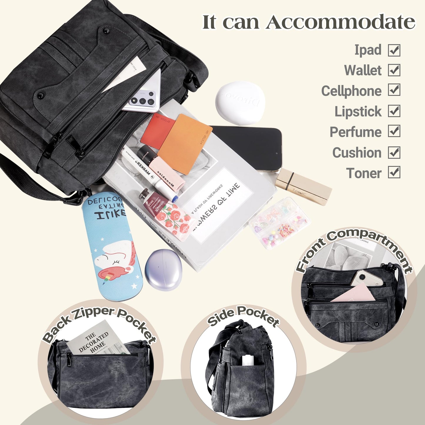 ELDA Crossbody Purses for Women PU Leather Denim Shoulder Handbags Waterproof Travel Bag Ladies Lightweight Medium Pocketbook (Black)