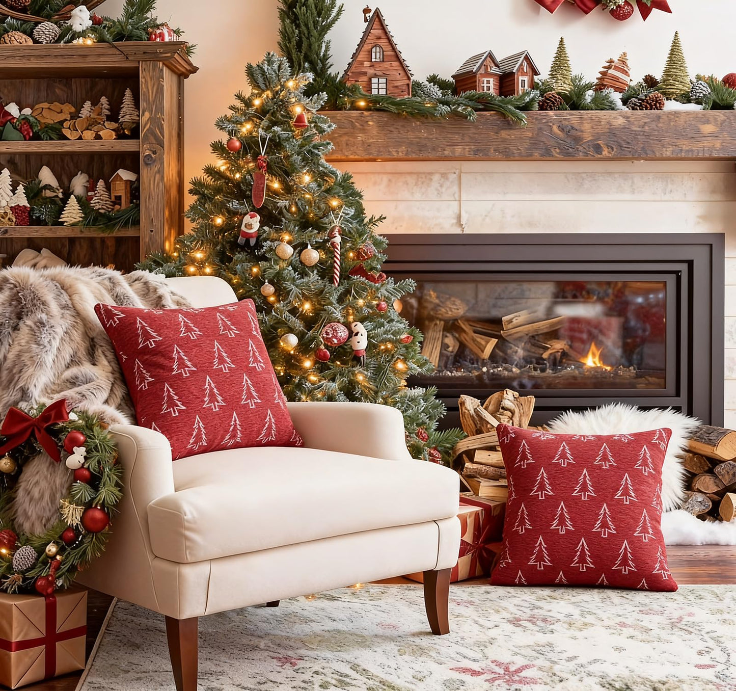 Auomily 2 Pack Christmas Pillow Covers 18x18, Chenille Double-Sided Snowflake & Christmas Tree Decorative Throw Pillow Cases, Soft Farmhouse Holiday Cushion Covers for Sofa Couch Bed(Red,18x18)
