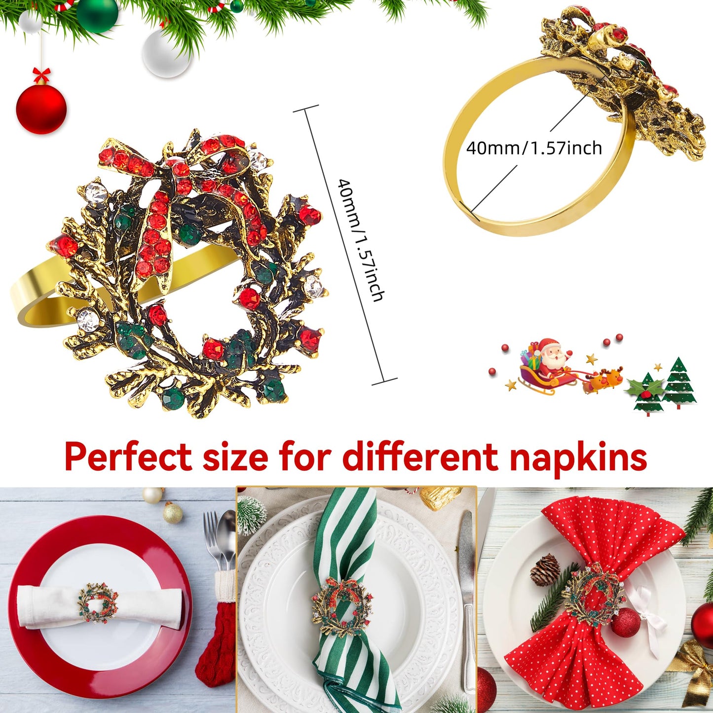 ZeeDix Christmas Wreath Napkin Rings Set of 12, Holiday Rhinestone Christmas Napkin Ring Holders for Cloth Napkins, Napkin Buckle for Thanksgiving Holiday Dinner Table Decor