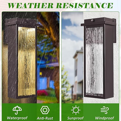 Oil Rubbed Bronze LED Dusk to Dawn Outdoor Lighting 2 Packs, 16" Large Outside Farmhouse Wall Lantern Brown, Industrial Porch Wall Mount Light Fixture with Rippled Glass, Modern Exterior Sconce Lamp