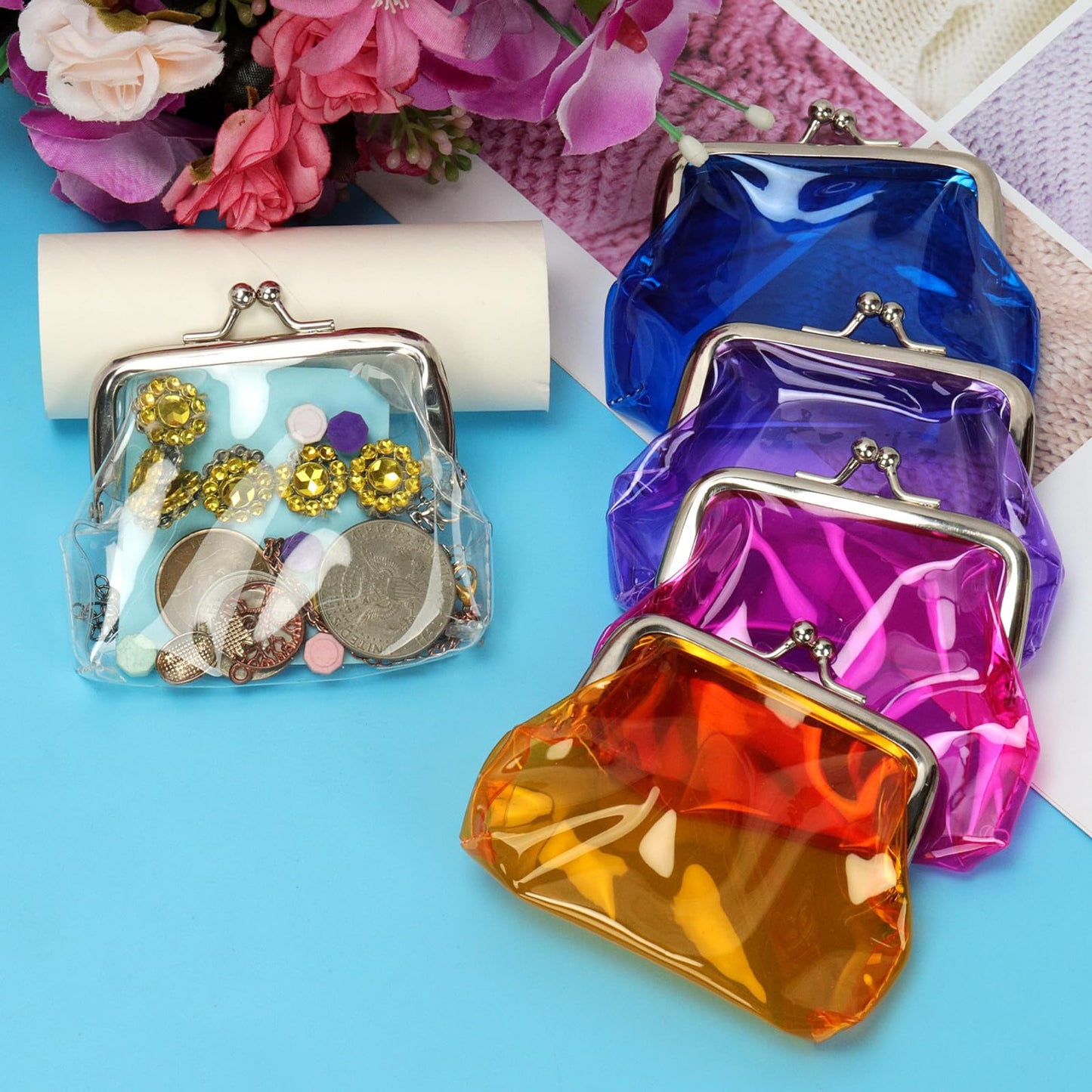 Glarks 5pcs 100x80mm Transparent Change Purse, 5 Colors Clear Coin Purse, Lock Clear Change Pouch, Waterproof PVC Jelly Wallets for Carrying Your Change Cards, Earphone, Keys