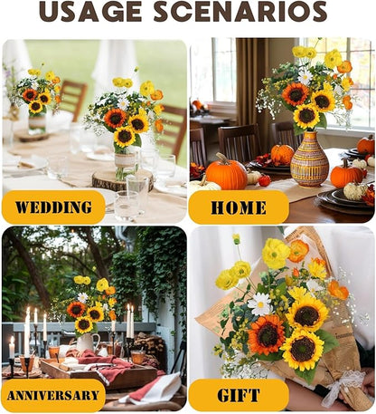 Fall Artificial Sunflowers Bouquet 20" Fake Flower for Thanksgiving with Faux Silk Sunflower for Wedding Centerpieces Home Decor Party Table Floral Arrangements Indoor Outdoor Autumn Decorations