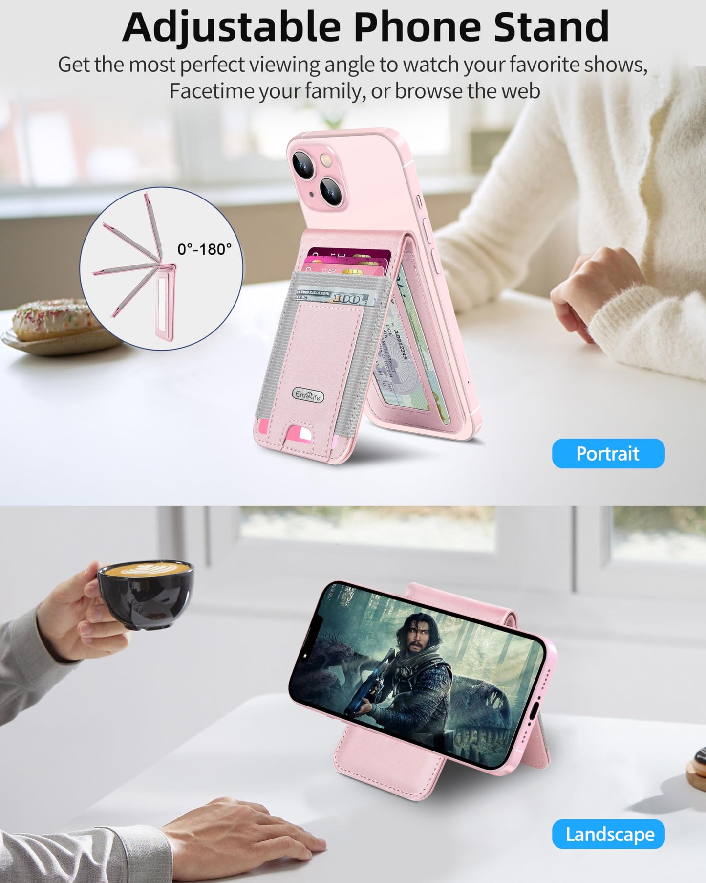 For Magsafe Wallet Stand, Strongest Magnetic Wallet for iPhone 17/16/15/14/13/12 Series, Adjustable Stand, ID Window, 4 Card Slots, 10 Cards Holder, Vegan Leather, RFID Blocking, Pink