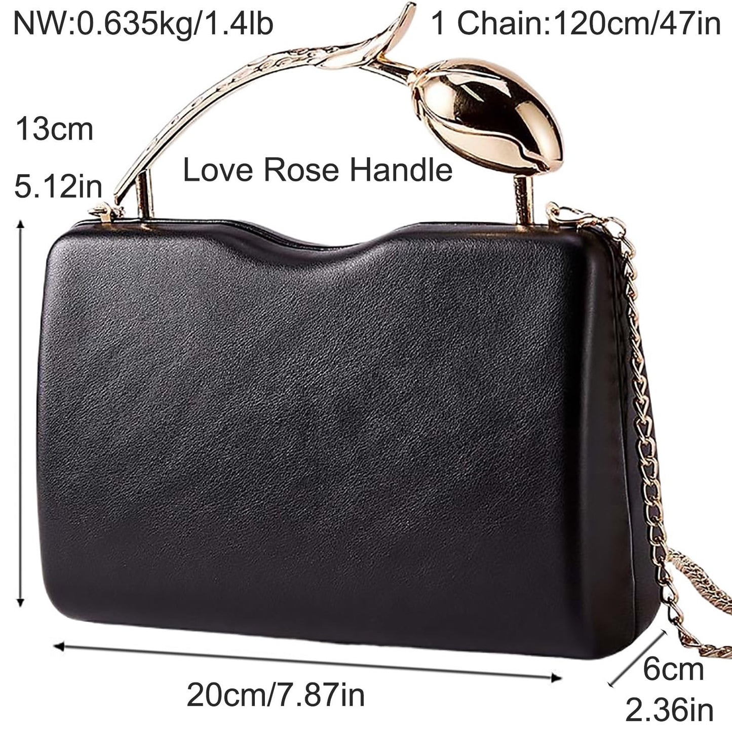louceko PU Leather Handbag Detachable Chain Crossbody Shoulder Evening Bag Clutch Purse for Women Formal Wedding Party Prom, Metal Rose Handle, Black, 2510