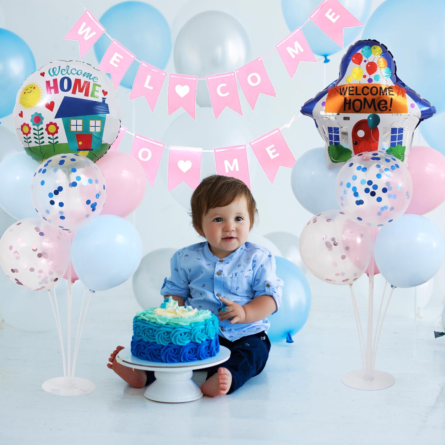 Welcome Home Balloons Table Centerpiece Stand Kit 2 Sets for Table with Blue Pink Sequin Balloons for Welcome Home Baby Shower Birthday Party Decorations
