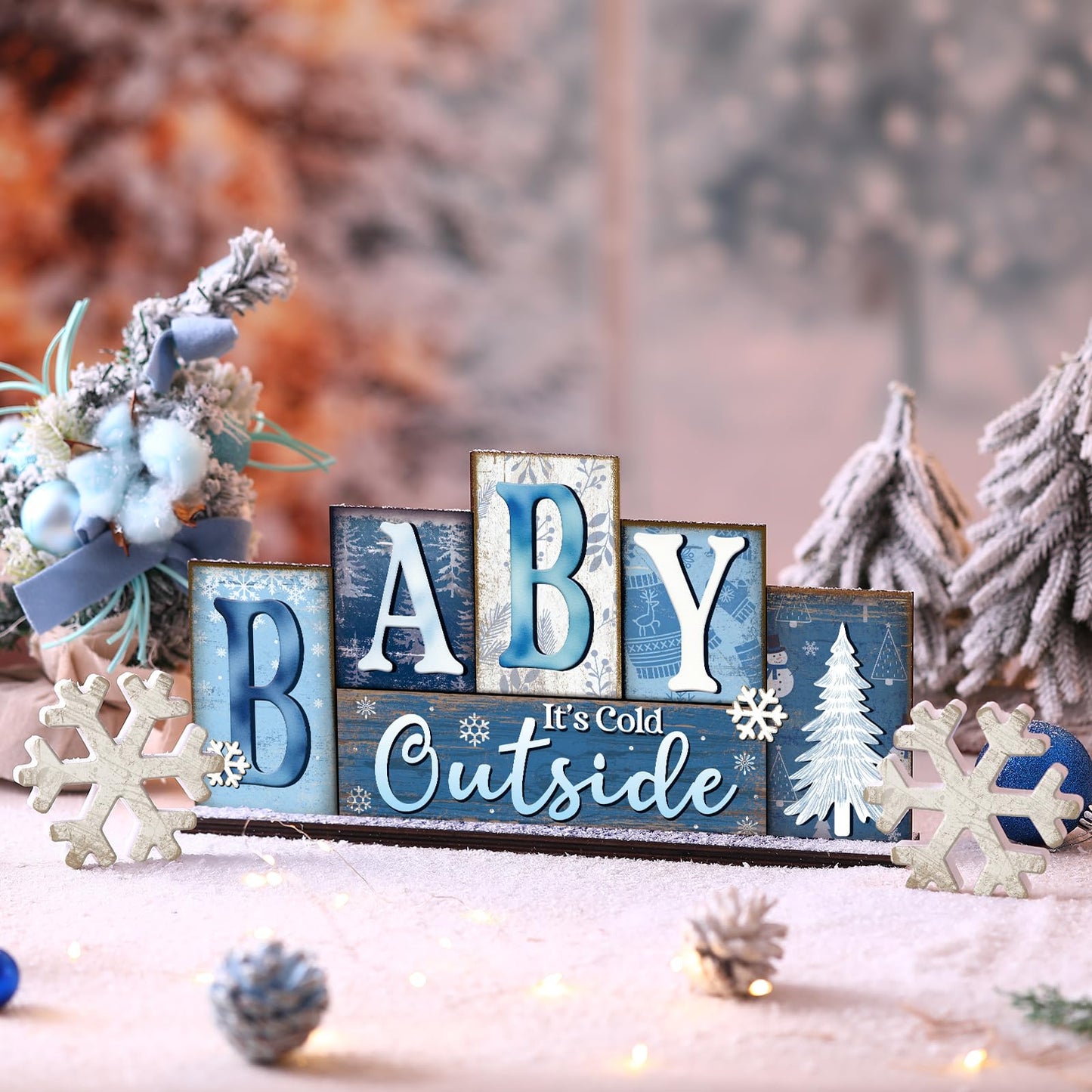 Thyle 3 Pcs Winter Wooden Table Decor Reversible Hello Winter Baby It's Cold Outside Centerpiece Blue and White Tray Decor Double Side Snowflake Blocks Sign for Farmhouse Tabletop Home Office Shelf