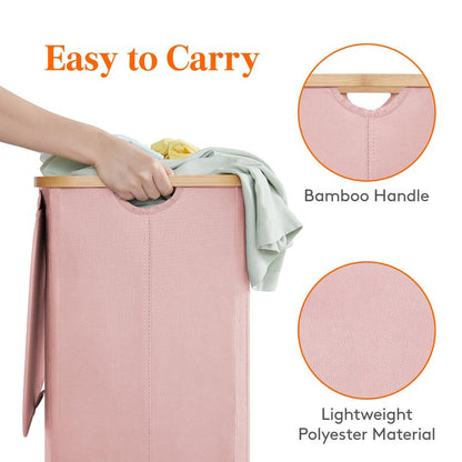 Lifewit 100L Laundry Basket with Lid, Clothes Hampers for Laundry with Bamboo Handles and 1 Removable Bag, Large Foldable Laundry Hamper for Bedroom, Bathroom, Dorm, Laundry Room, Pink