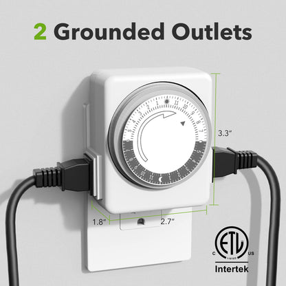 HBN Outlet Timer for Electrical Outlets Indoor, 24 Hour Mechanical Light Timers for Lamps, Dual 2-Prong Plug-in Outlets, 15-Minute Intervals, Heavy Duty Daily Cycle, 2 Pack