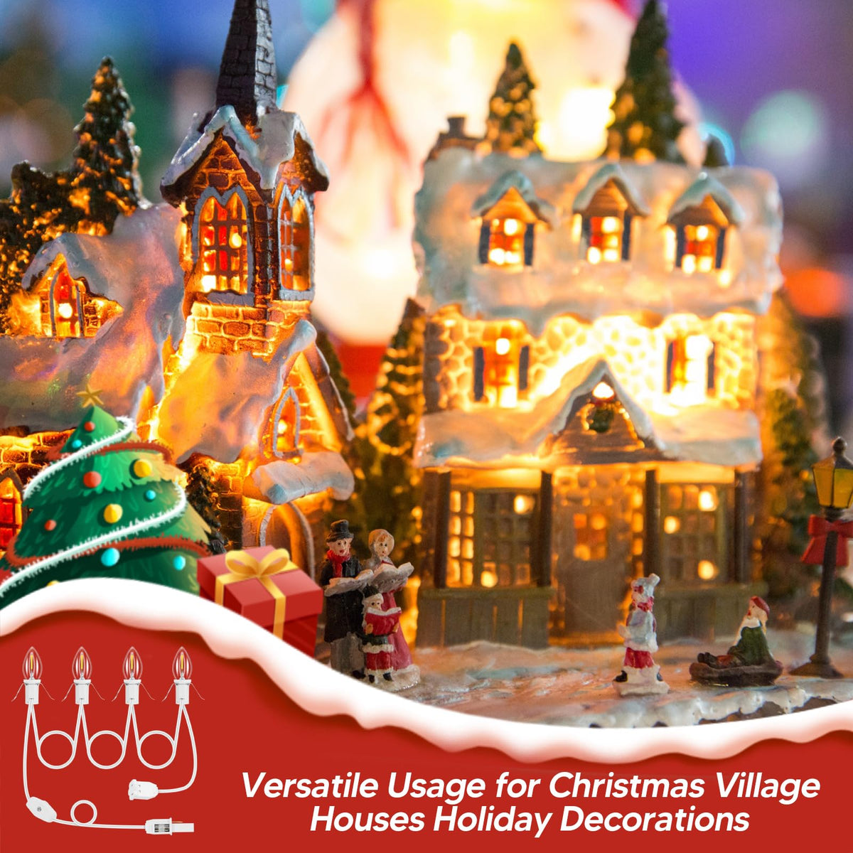 1Pack Accessory Cord with 4LED Bulbs and Outlet Christmas Village Light 8.9FT Blow Mold Light Cord with Spare Fuse Warm White C7 Lamp Christmas Village Accessories for Village Houses Craft Pumpkin