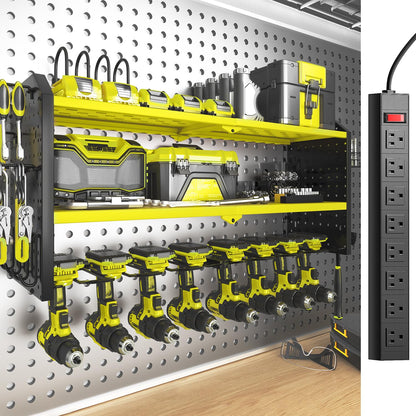 SOYEEZE Large Power Tool Organizer Wall Mount with Charging Station, 3 Layer Heavy Duty Metal Tool Storage Rack with 8 Drill Holder, Tool Holder Built in 8 Outlet Power Strip (Green)
