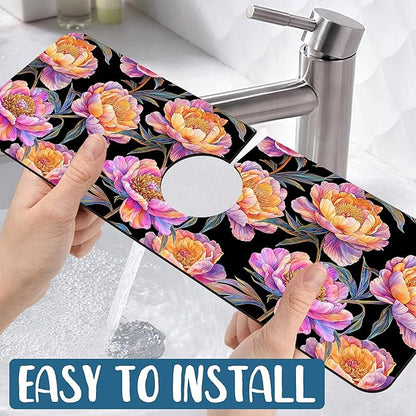 Colorful Peonies Sink Splash Guard Blooming Peonies Faucet Absorbing Mat Fast