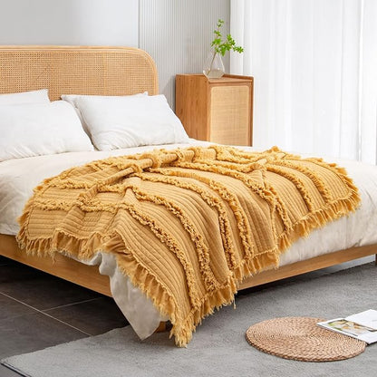 Ultra Soft Pre-Washed Warm Quilted Throw Blanket, Ruffle Fringed Yellow Boho Decorative Throw, Stone Washed Chic Rustic Blanket for Sofa Couch Bed Chair, 50"x 60"